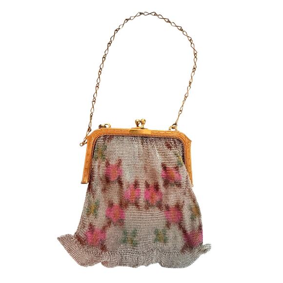 Whiting Davis Antique Mesh Purse White Flower Print 1920s Vintage Bag - Picture 2 of 10